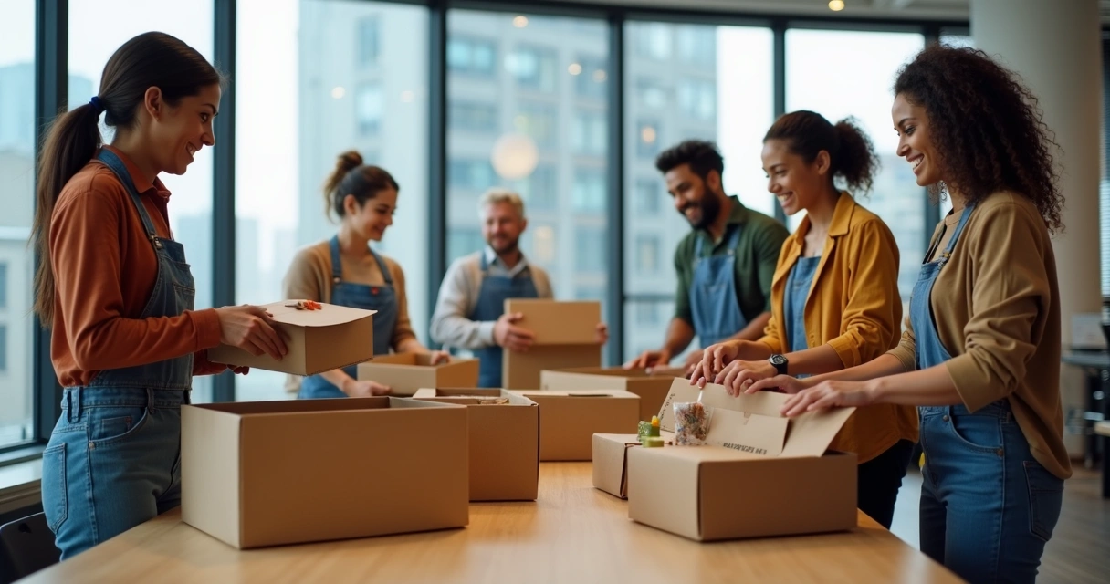 Funcionários voluntários reunidos coletando alimentos para doação. 
