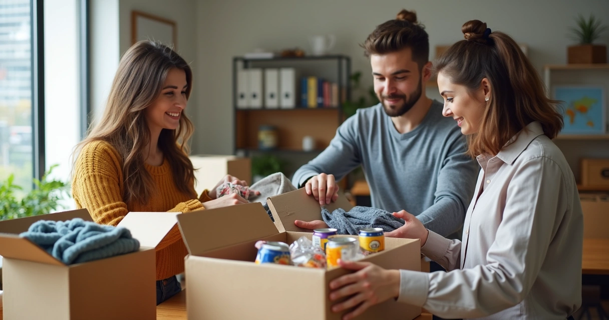 Três pessoas organizando caixas de doações juntas 