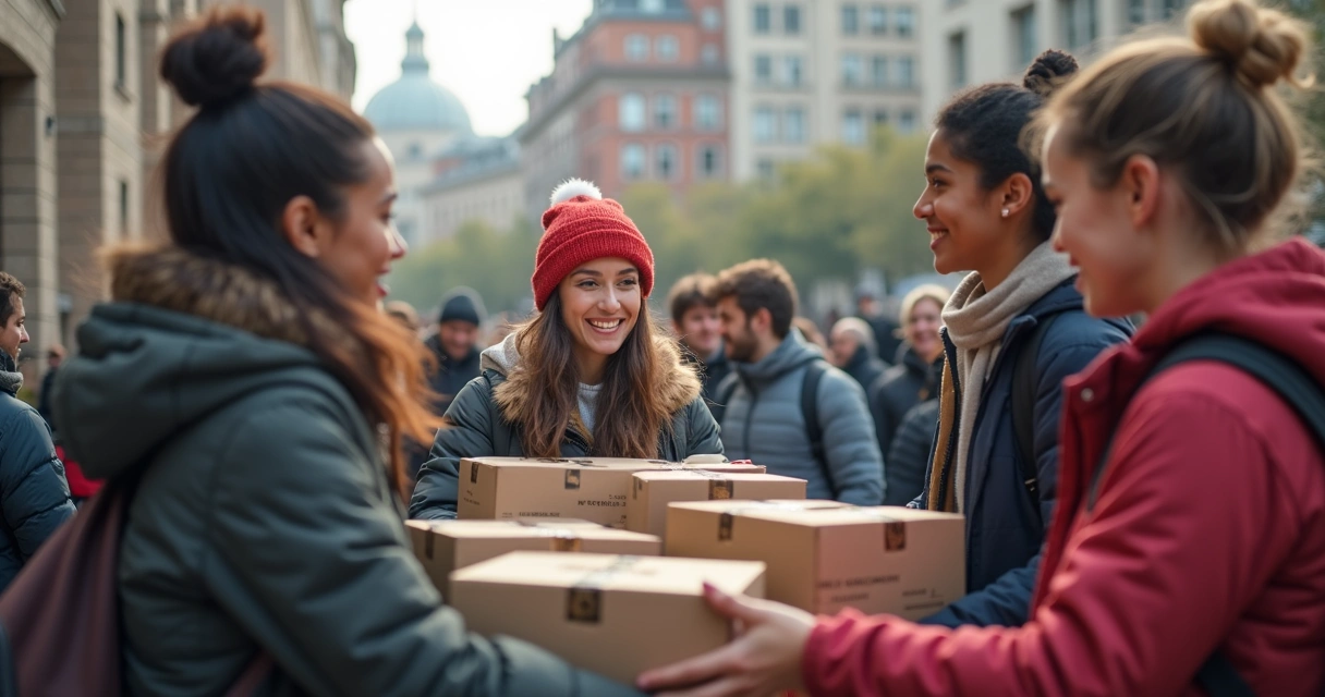 Grupo voluntário distribuindo marmitas em praça de bairro urbano 