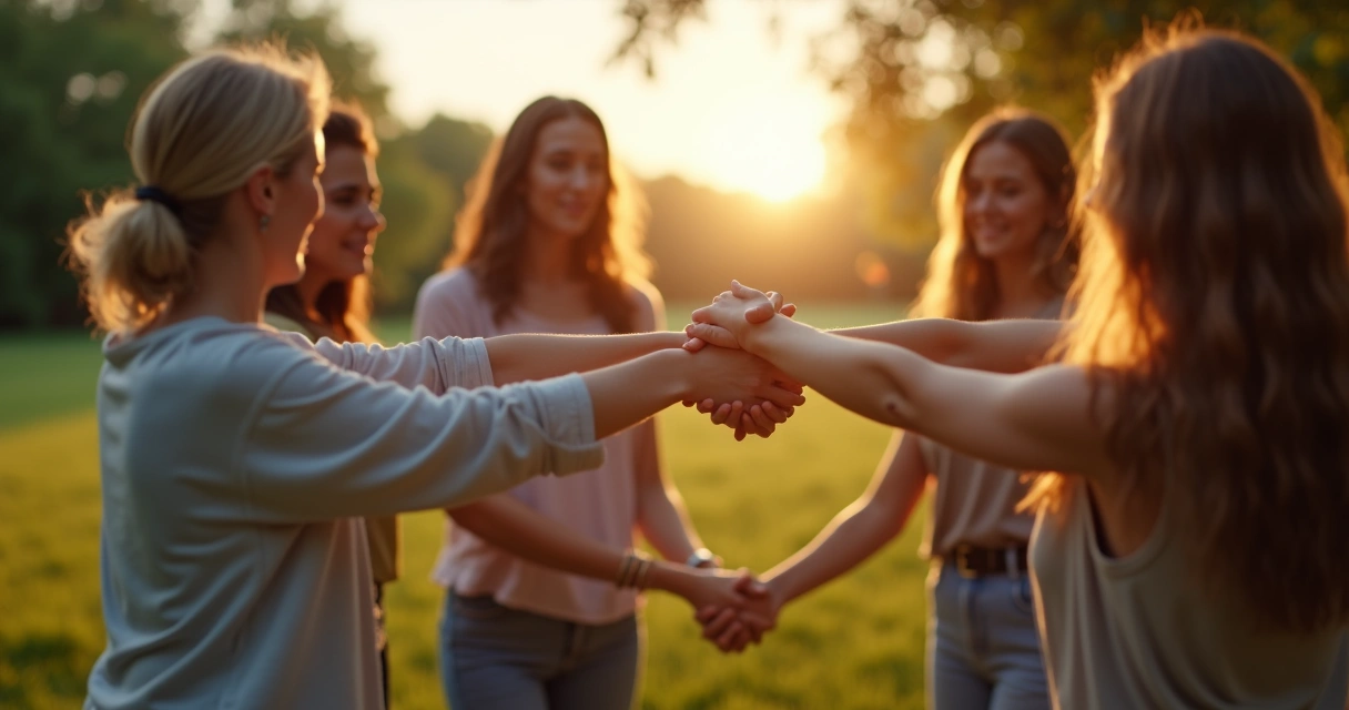 People participating in a group ceremony holding hands in a calm outdoor setting.