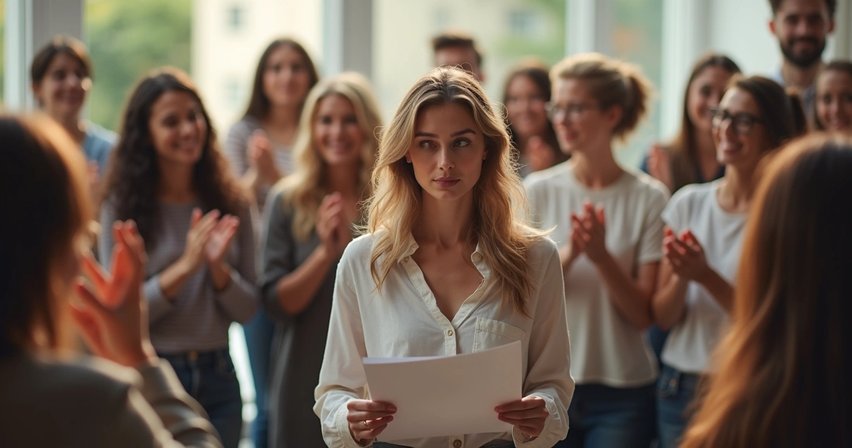 Woman looking uncertain while being applauded by a group 