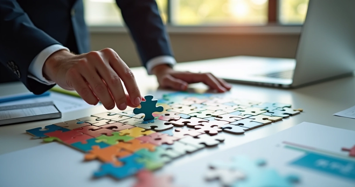 Businessperson holding puzzle piece fitting into bigger picture 