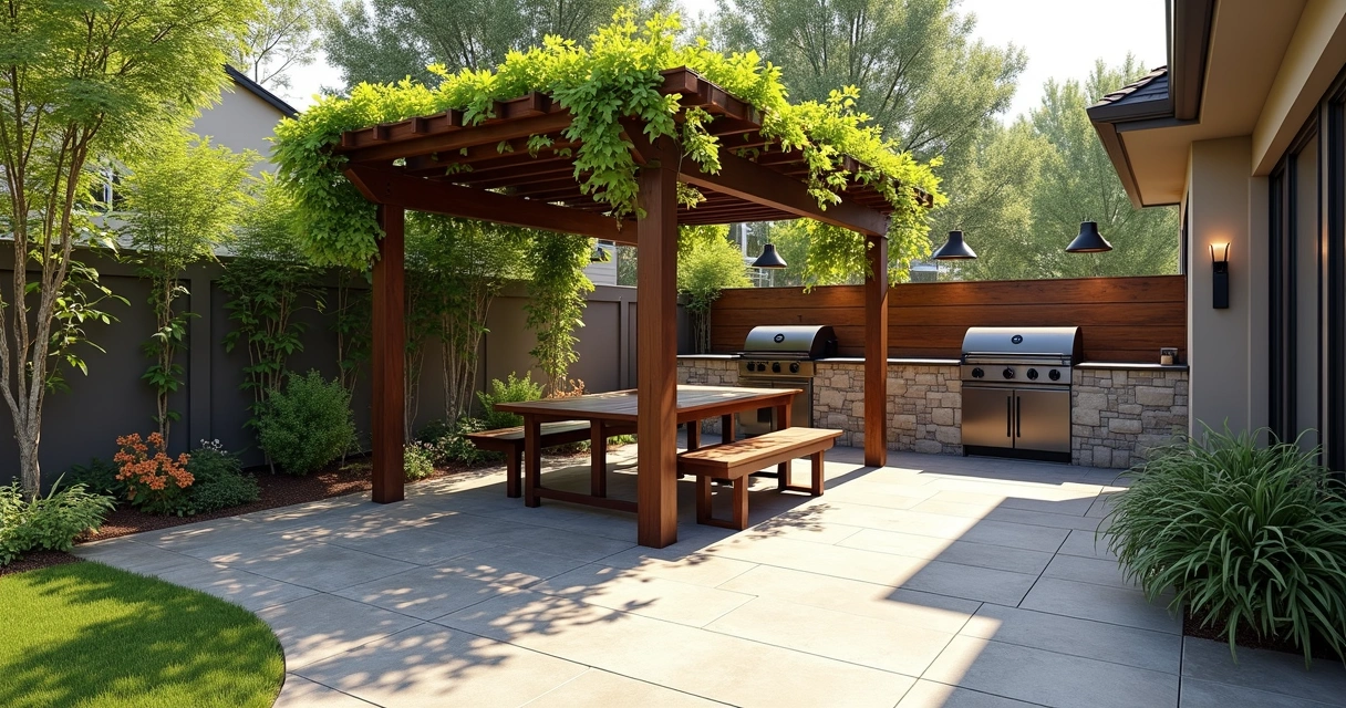 Accessible BBQ area with shaded seating and wide paths 