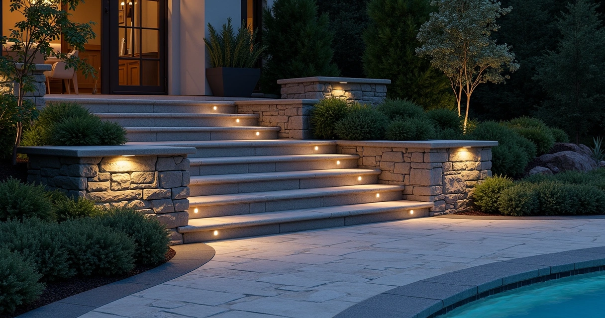 Night view of accessible ramp with landscape lighting 