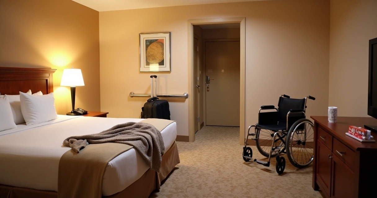 Accessible hotel room with wheelchair and wide doorway. 