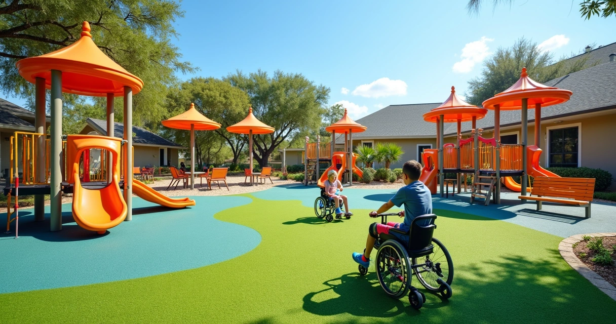 Inclusive playground with synthetic turf, wheelchair user and kids 