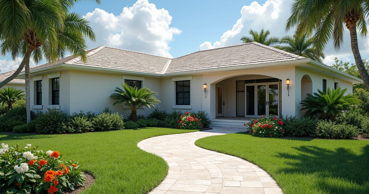 Accessible pathway made of textured concrete through a Florida garden 
