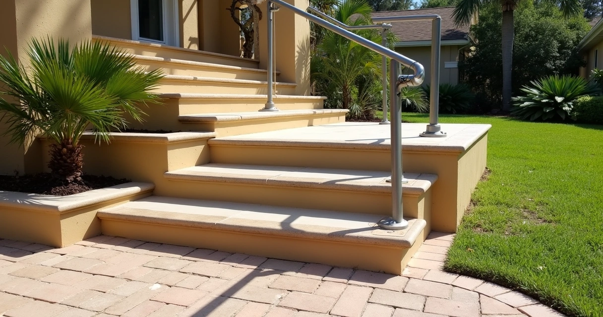 Wide patio steps with contrasting edge and handrail in Central Florida 