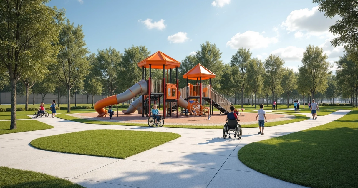 Accessible concrete and paver play surface with smooth ramps 