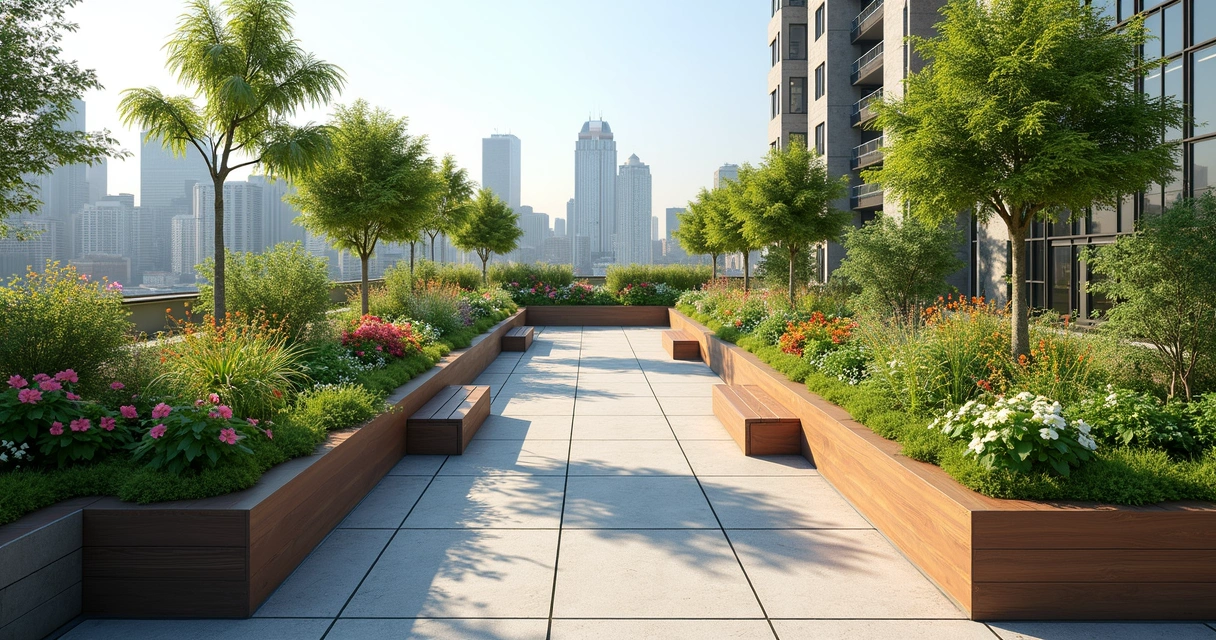 Accessible rooftop garden pathway with raised planters