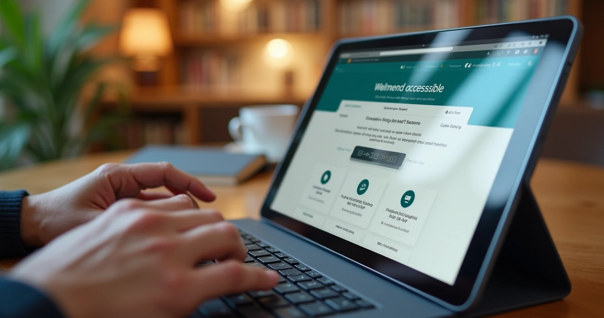 Tablet showing accessible website features, hand using keyboard 