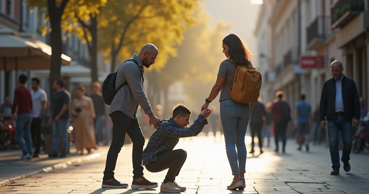Persona ayudando a otra en la calle en un gesto compasivo y amable