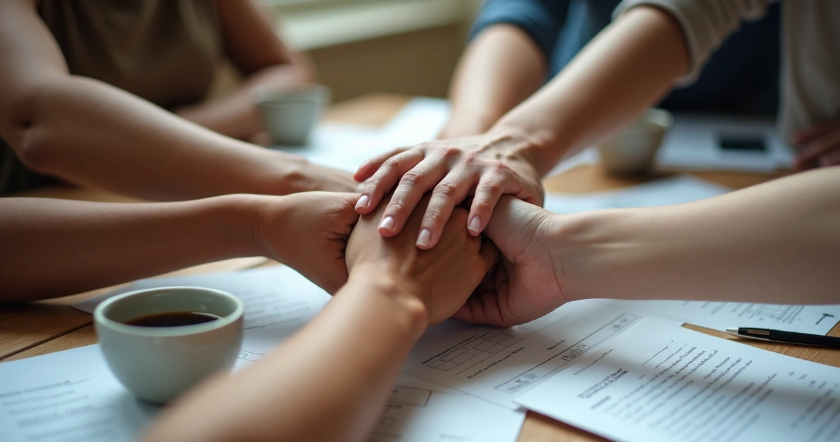 Manos unidas de varias personas sobre una mesa simbolizando unión ética 