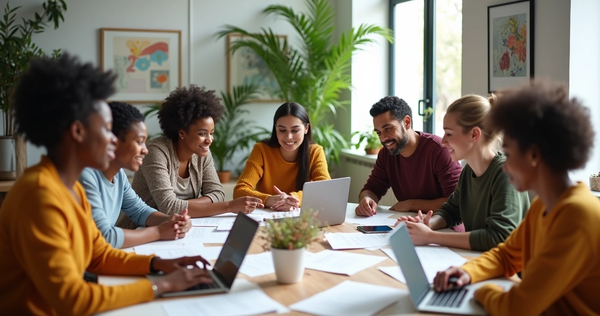 Grupo de personas trabajando juntas en una mesa, colaborando en un proyecto común 