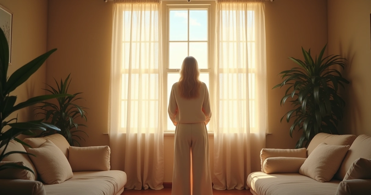 Persona de pie cerca de una ventana con luz natural, reflexionando 