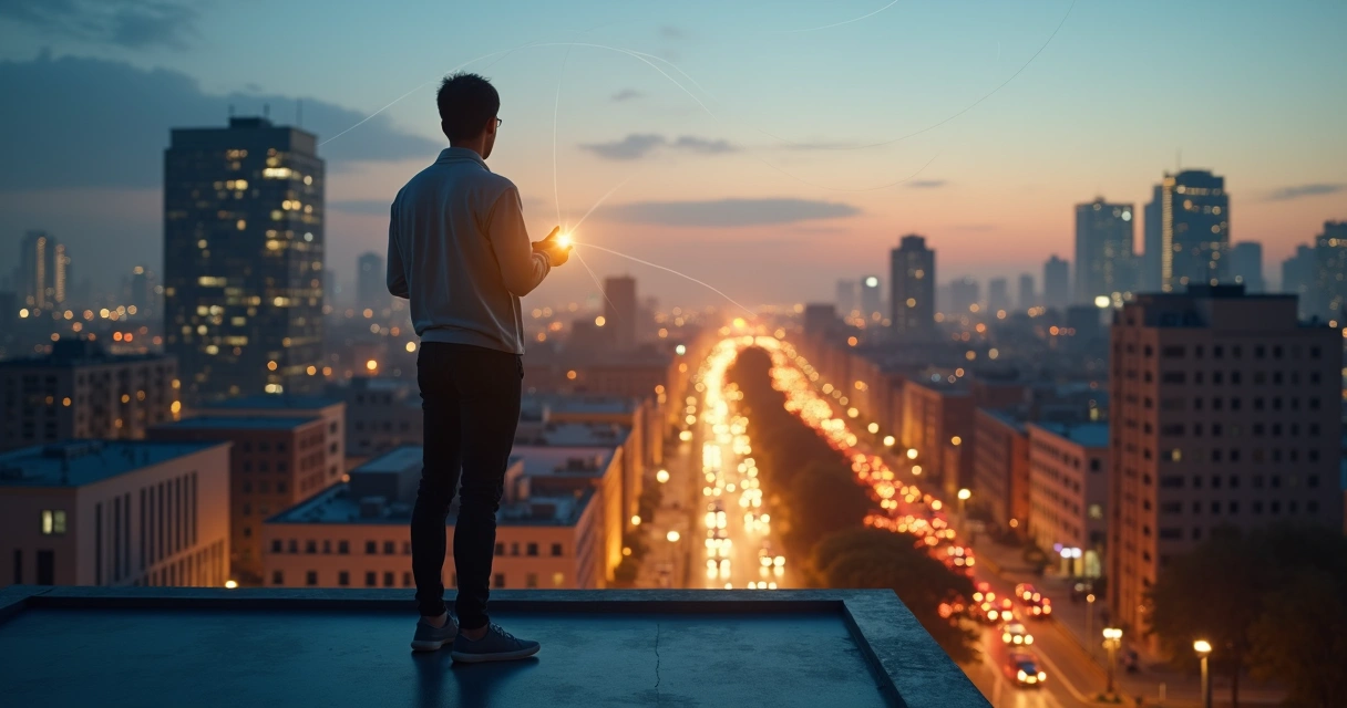 Persona en una azotea observando una ciudad iluminada conectada por líneas de luz 