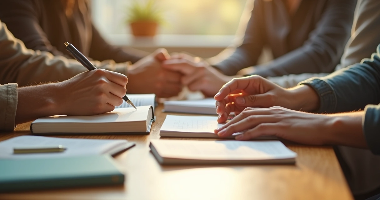 Manos realizando acciones cotidianas, como escribir y ayudar a alguien, representando pequeñas decisiones alineadas 