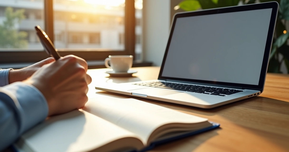 Manos escribiendo en un cuaderno frente a una computadora encendida 