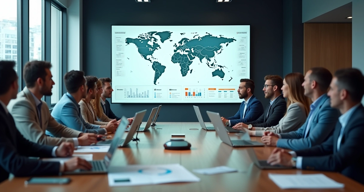 Equipe de marketing analisando contas em um dashboard de ABM em grande tela 