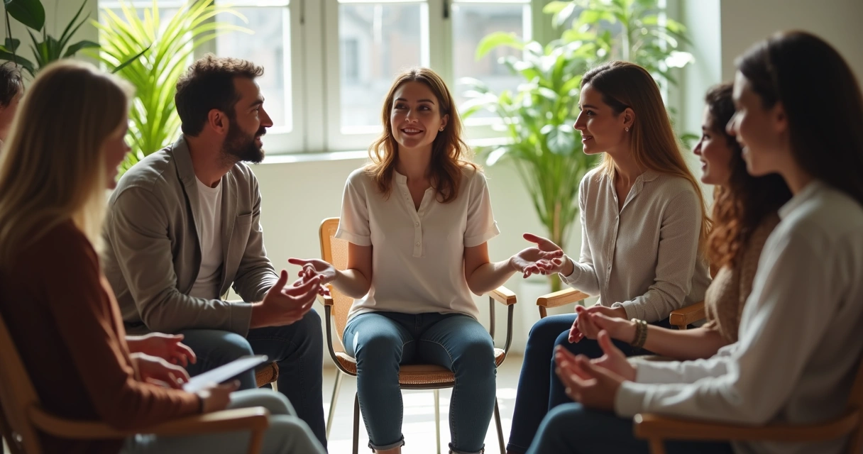 Group of individuals in an open circle discussing together, showing openness and accountability 