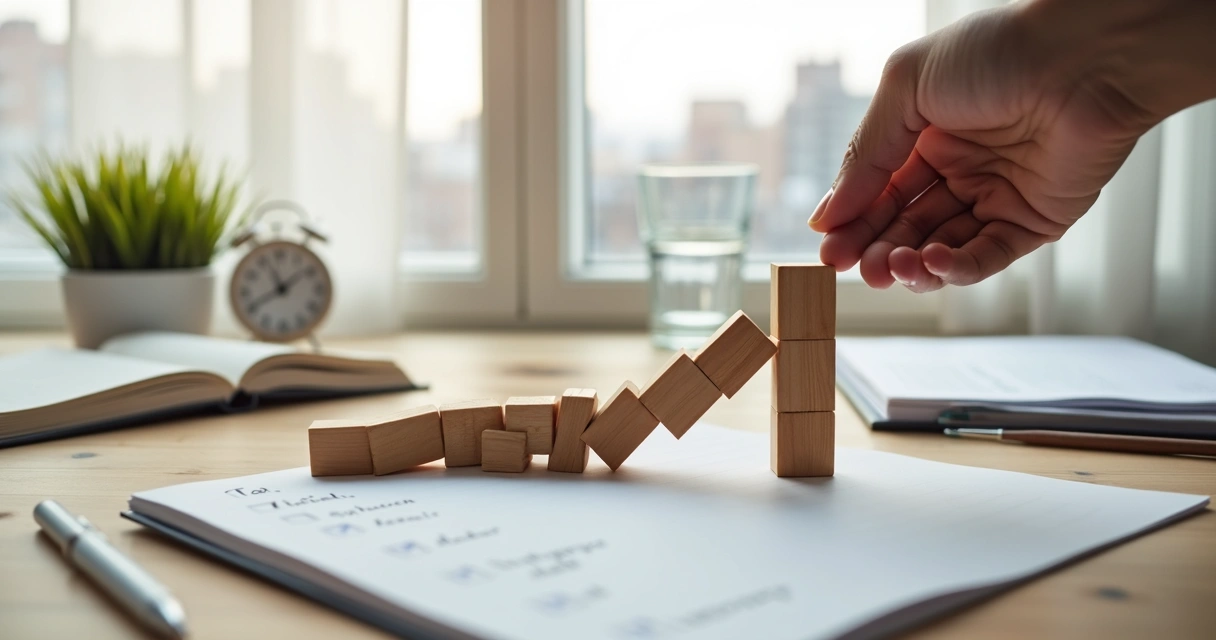 Hand steadying falling dominos on a tidy desk 