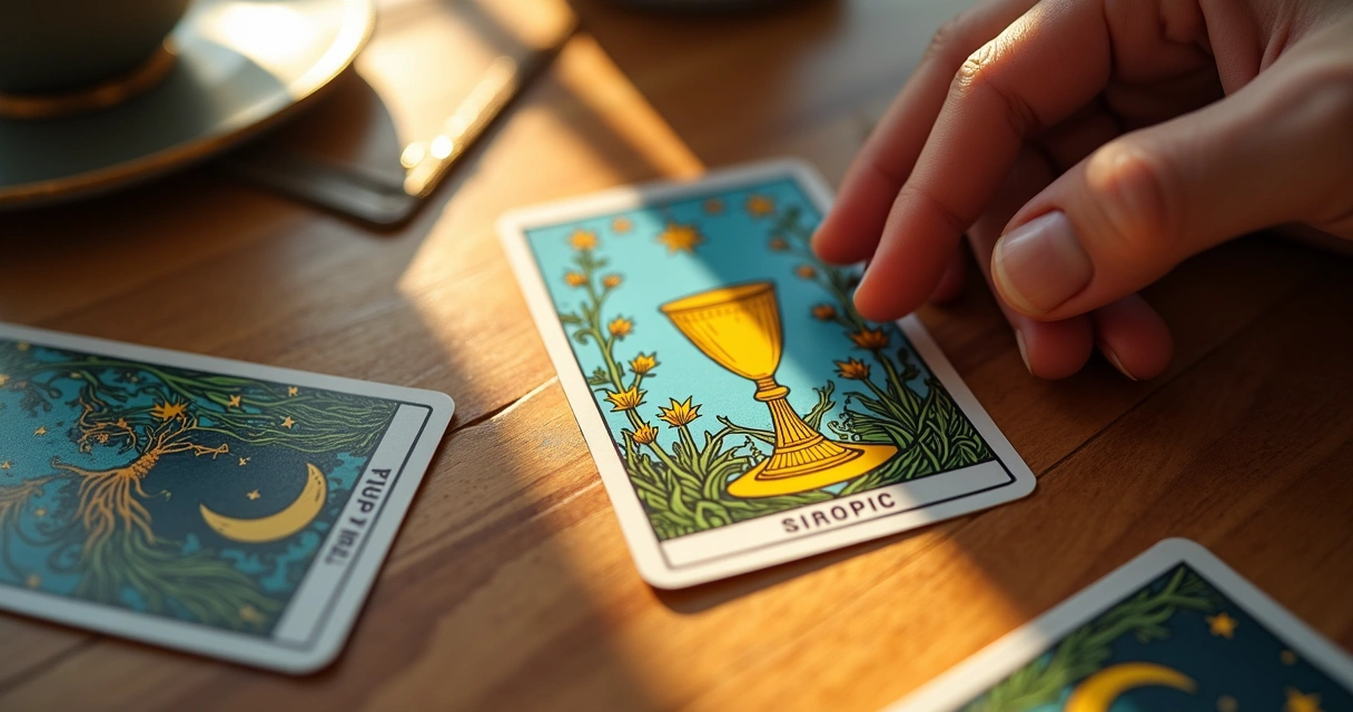 Ace of Cups tarot card in a reading spread on a table 