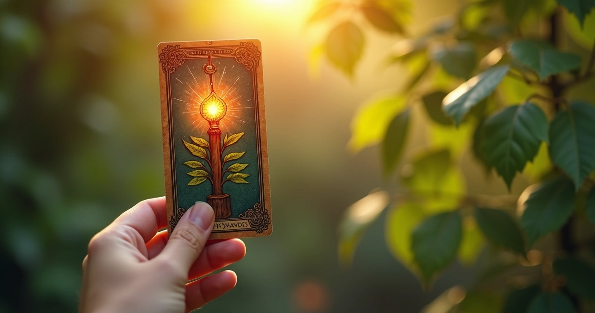 Upright Ace of Wands tarot card held by a hand with fiery glowing tip and natural background 