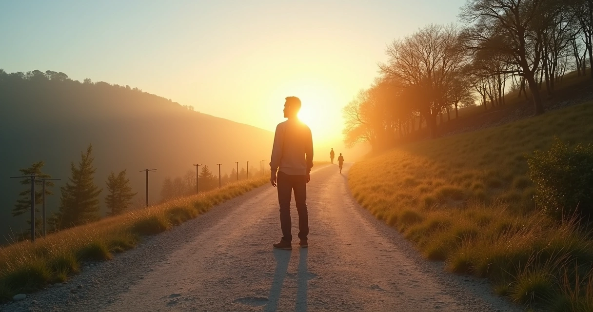Pessoa em pé diante de duas estradas contrastando aceitação ativa e conformismo 