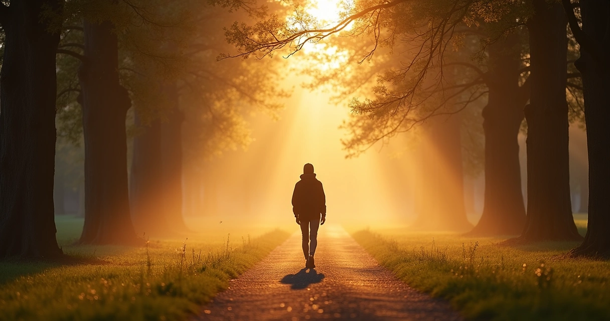 Pessoa caminhando em um parque ao nascer do sol 