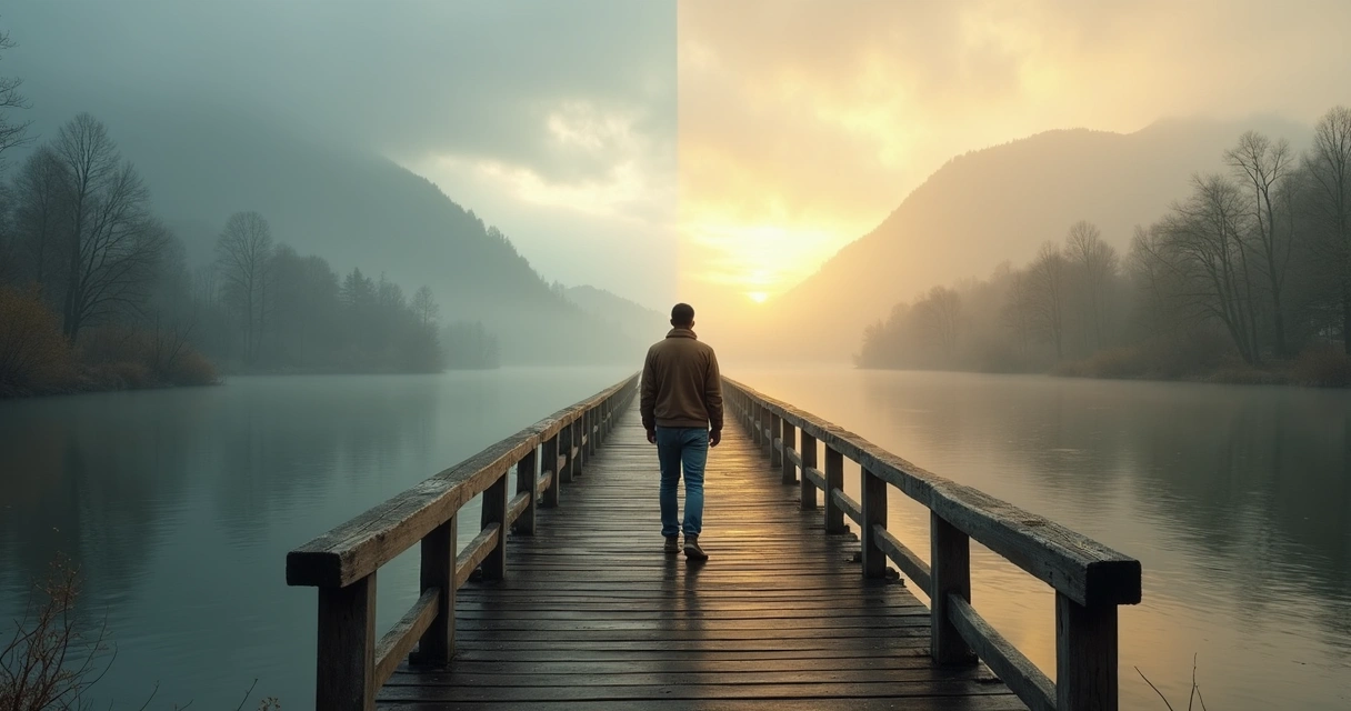 Pessoa em pé diante de uma ponte com um lado escuro e outro iluminado simbolizando aceitação e resignação 