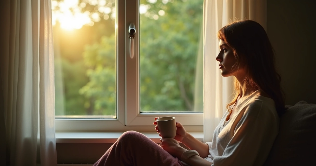 Pessoa sentada sozinha junto à janela, olhando para fora em momento de reflexão e aceitação. 