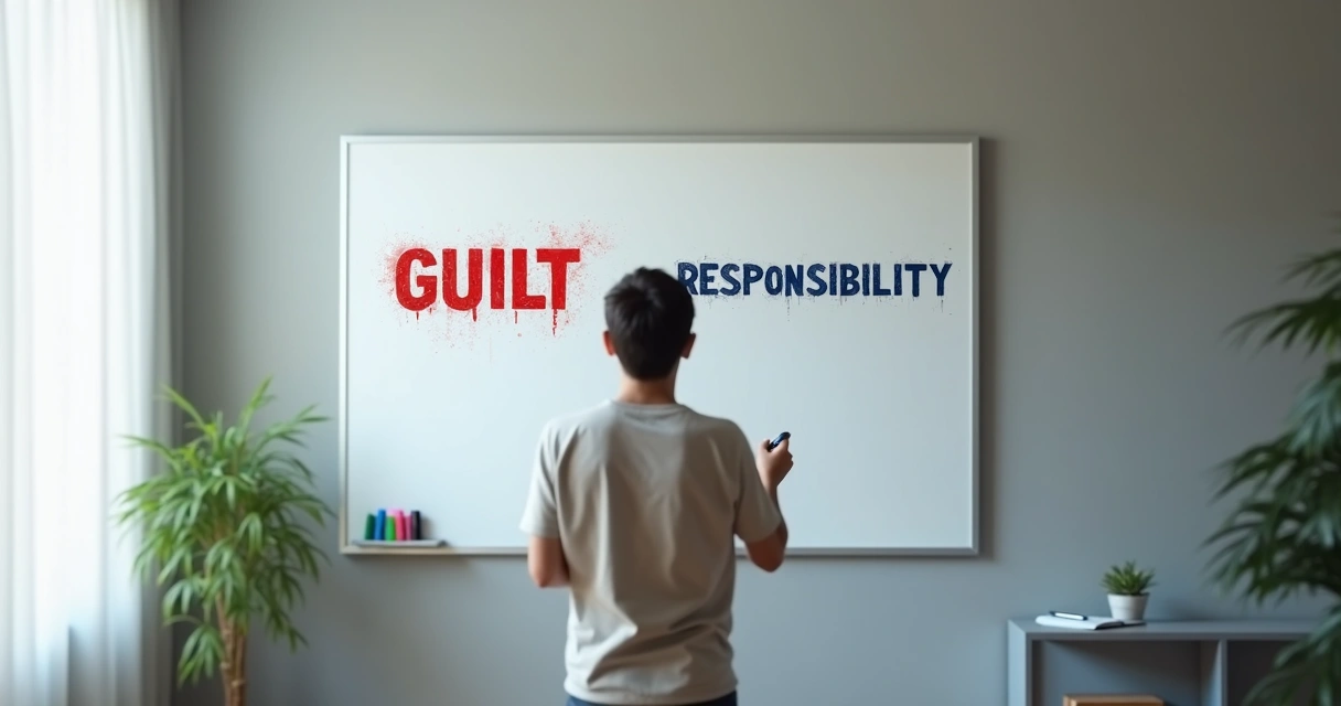 Pessoa adulta em pé diante de quadro branco apagando a palavra culpa e escrevendo responsabilidade 