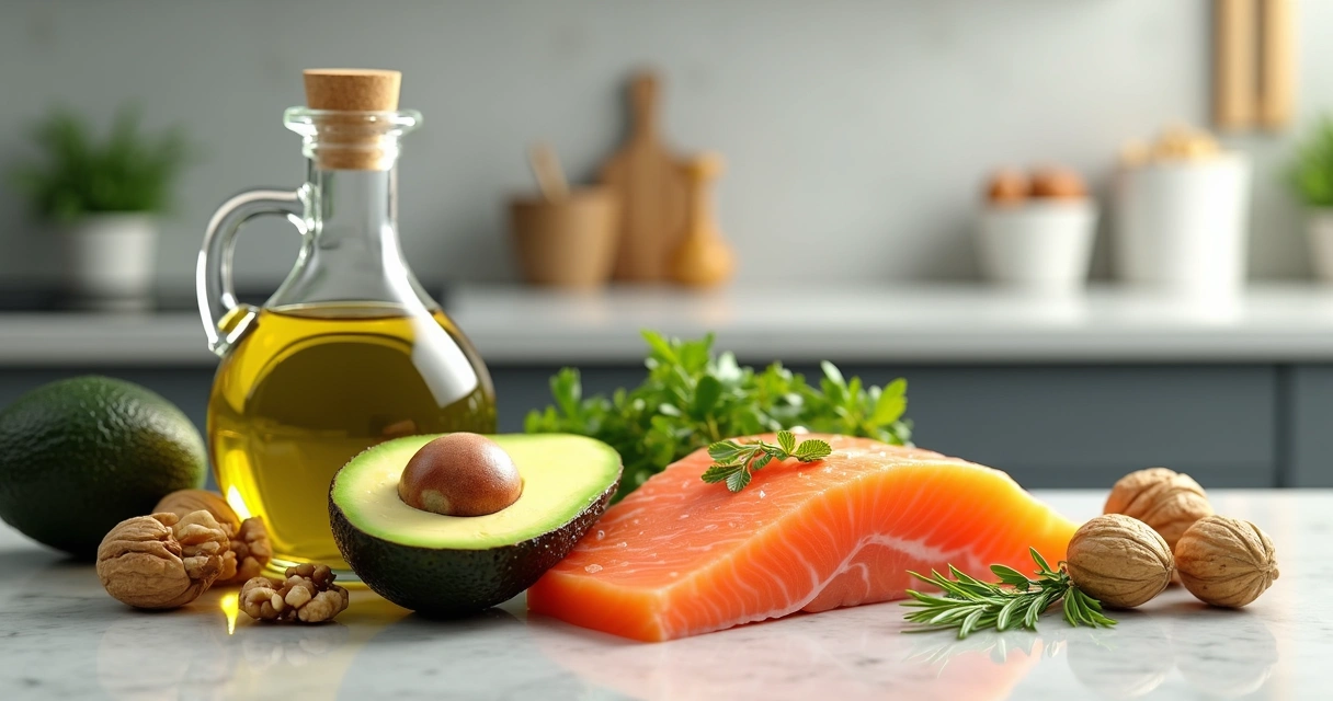 Aceite de oliva, aguacate y salmón en una mesa de cocina 