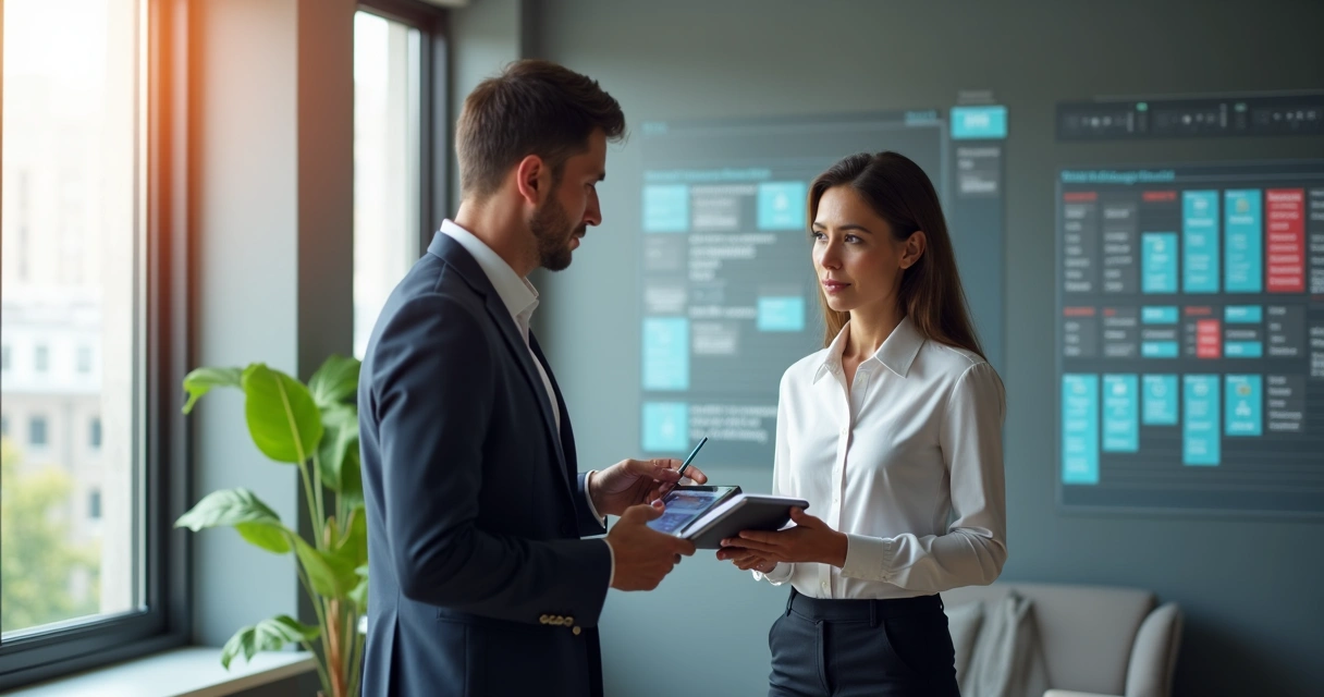 Consultor marcando reuniões no tablet enquanto fala com cliente 