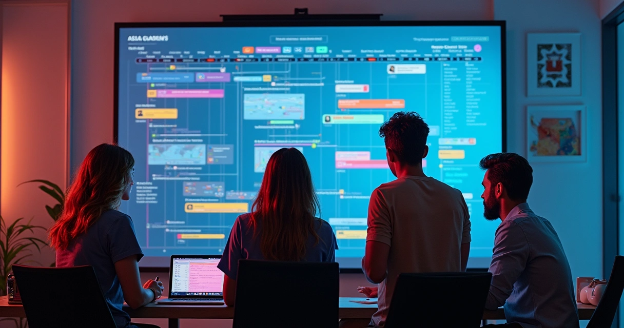 Equipe de tecnologia colaborando ao redor de quadro digital mostrando roadmap acelerado por IA 