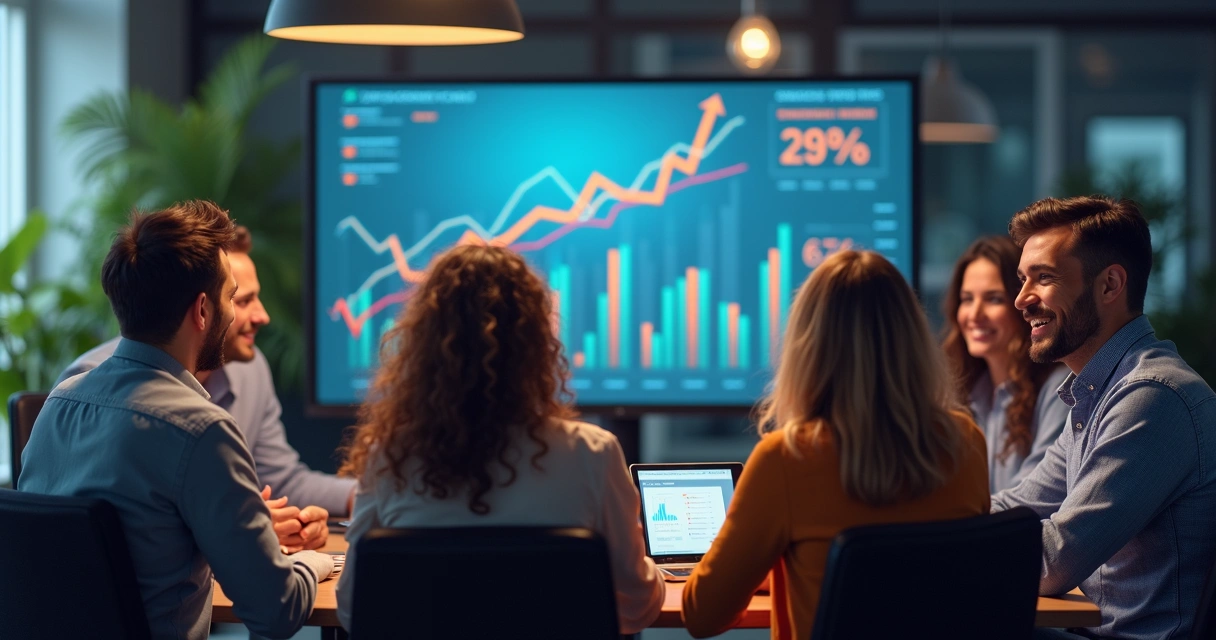 Time comercial comemorando resultados diante de um painel de indicadores com gráficos de vendas em alta