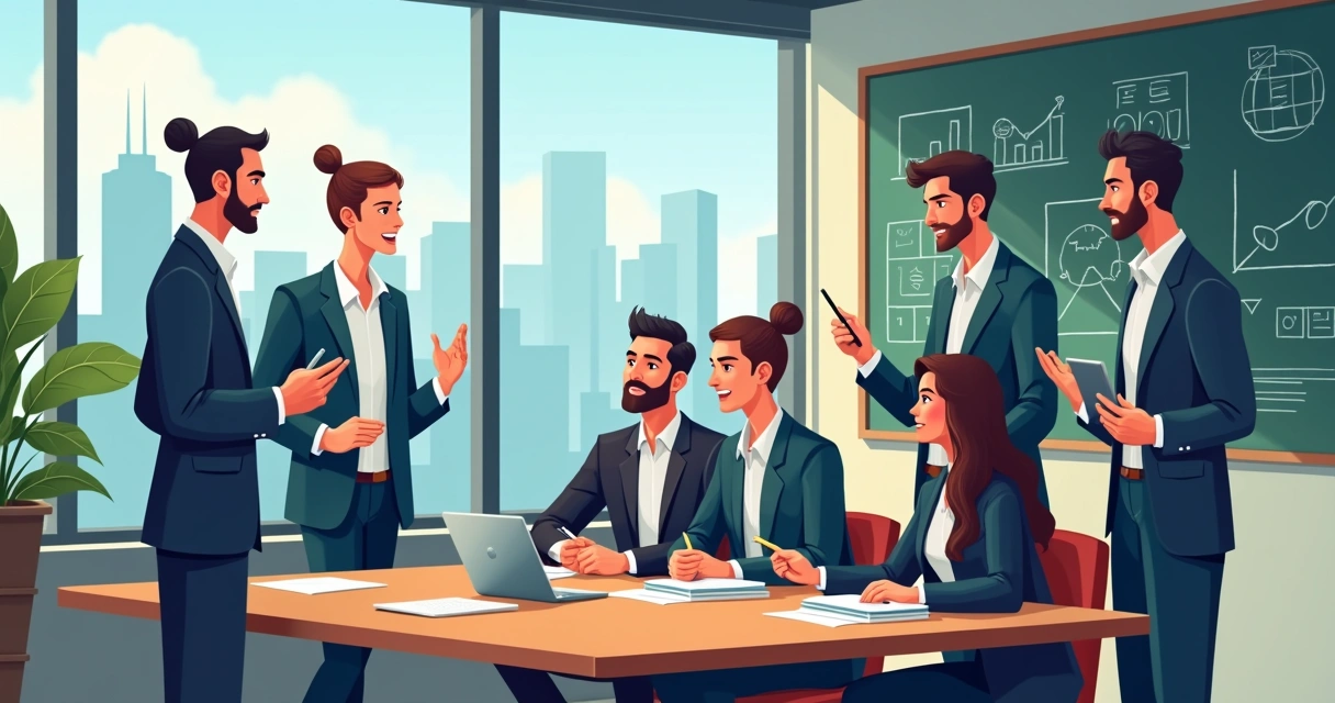 Mentores orientando equipe de startup em escritório moderno 