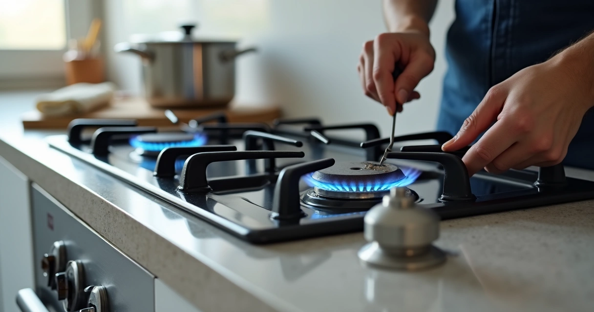 Técnico verificando acendimento automático de fogão em cozinha residencial 