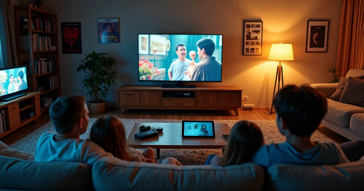 Sala de estar com família assistindo a clássicos em múltiplas telas 