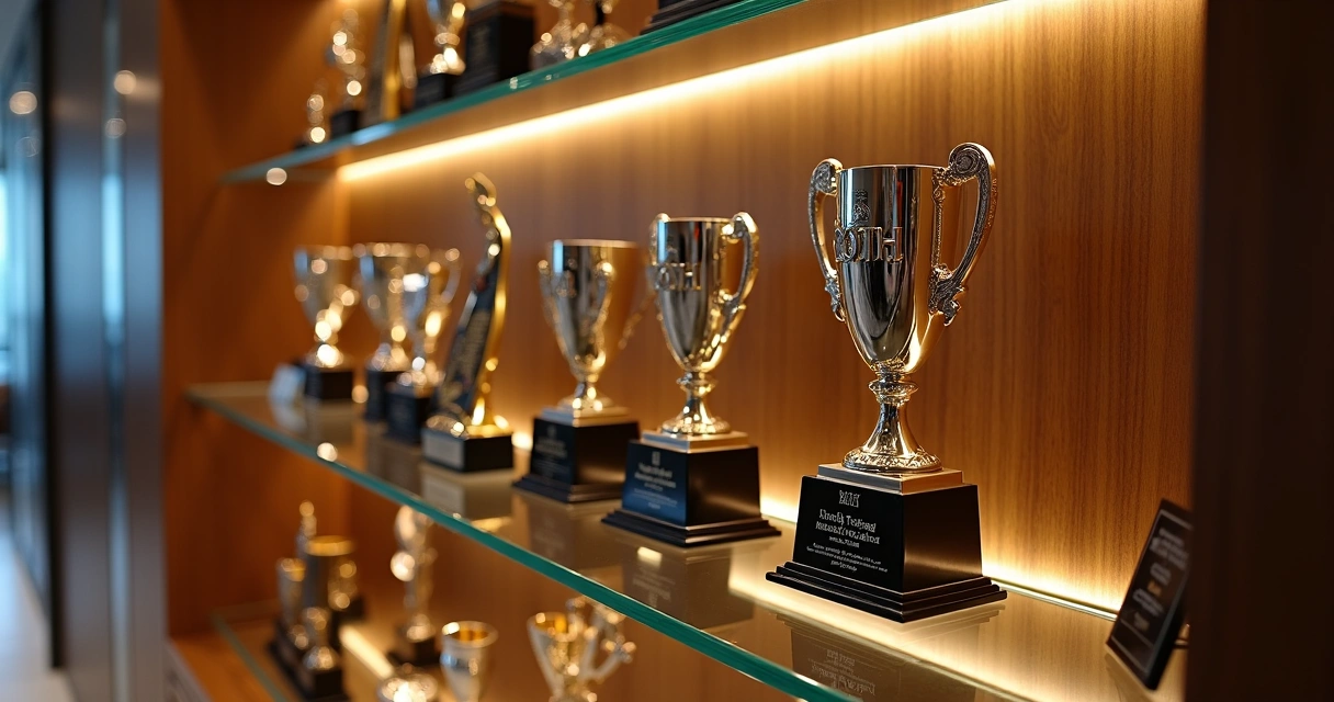 Estante moderna com troféus personalizados e placas de homenagem 