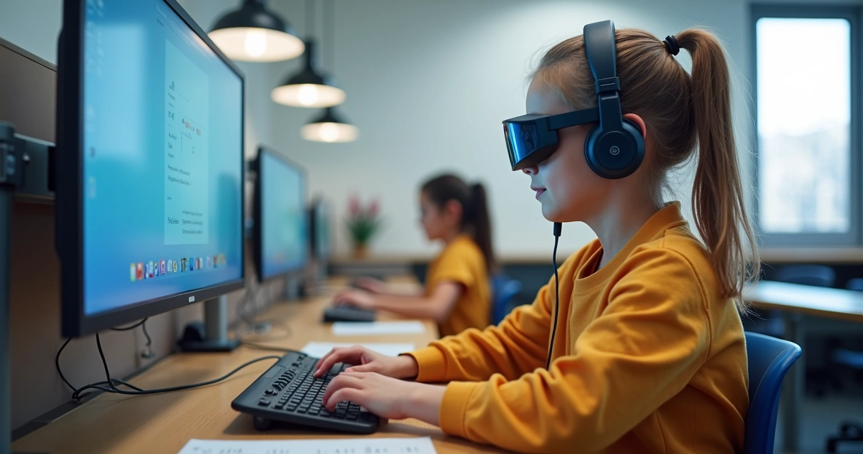Aluno com deficiência usando tecnologia assistiva em sala de aula inteligente 