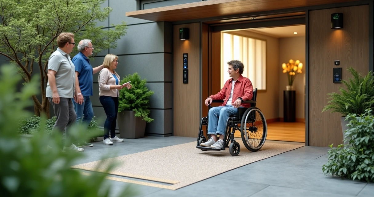 Cadeirante acessando entrada adaptada de um condomínio 