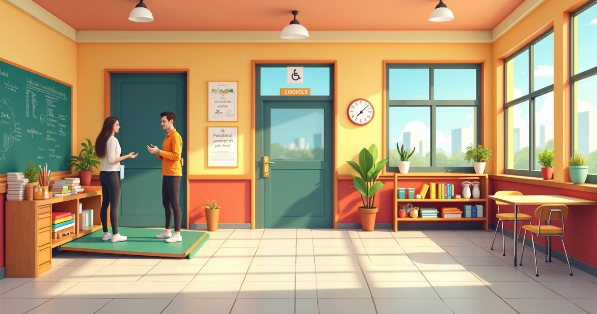 Ambiente escolar acessível com rampa, sinalização e materiais pedagógicos 
