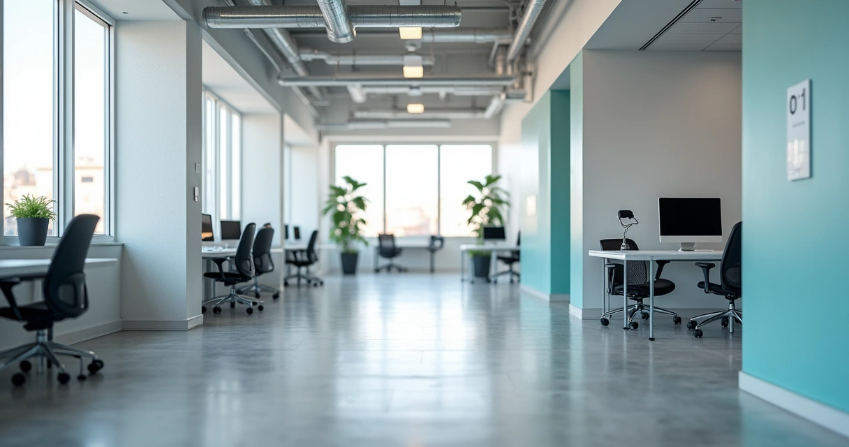 Espaço de trabalho acessível com rampa e sinalização 