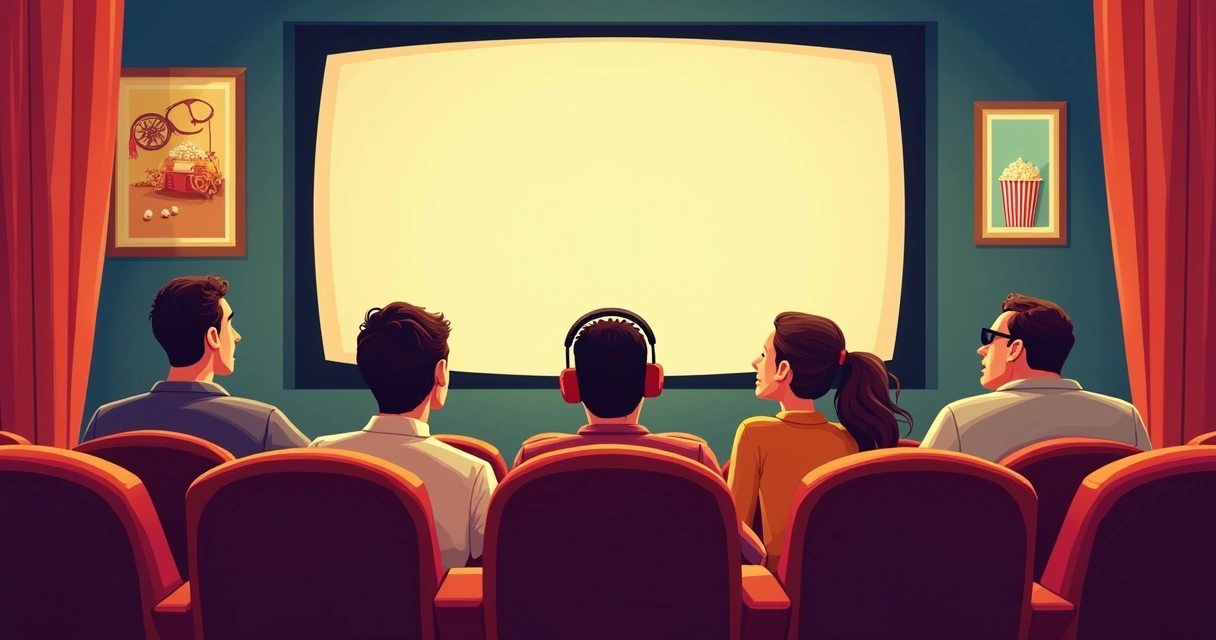 Pessoa com deficiência visual ouvindo audiodescrição em antigo cinema para família 