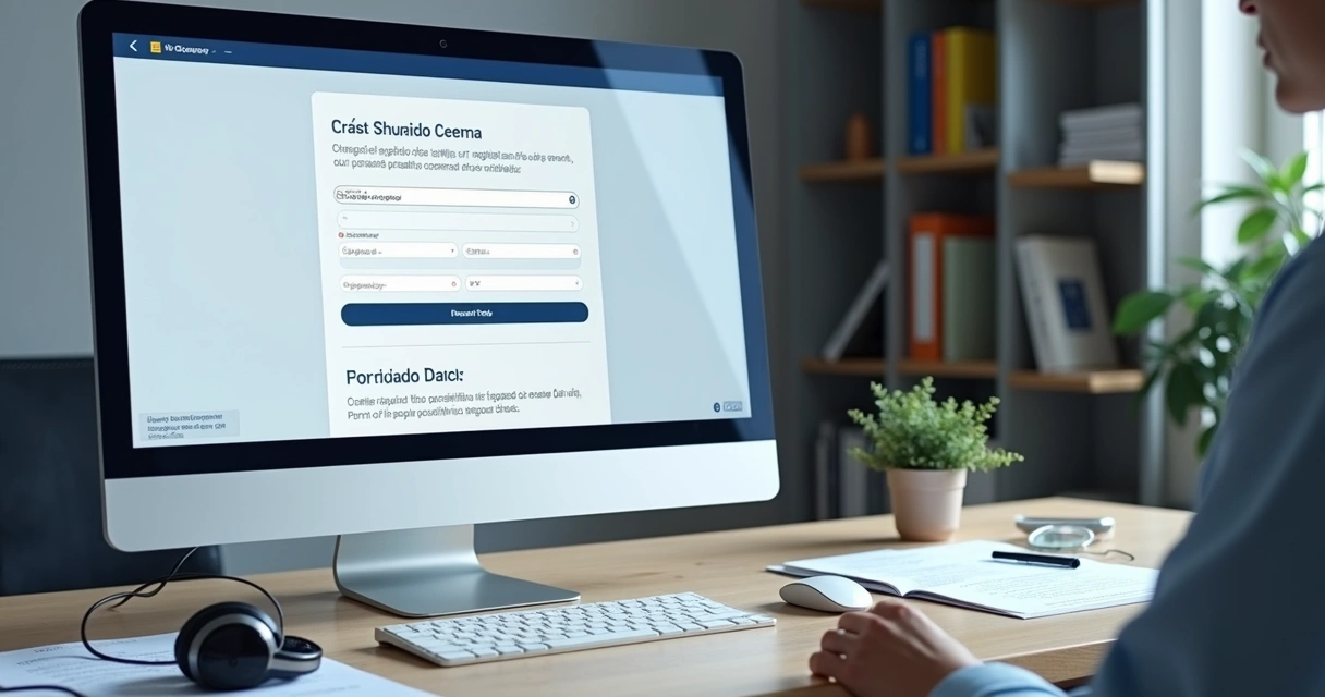 Profissional revisando landing page regulatória em estação de trabalho acessível 