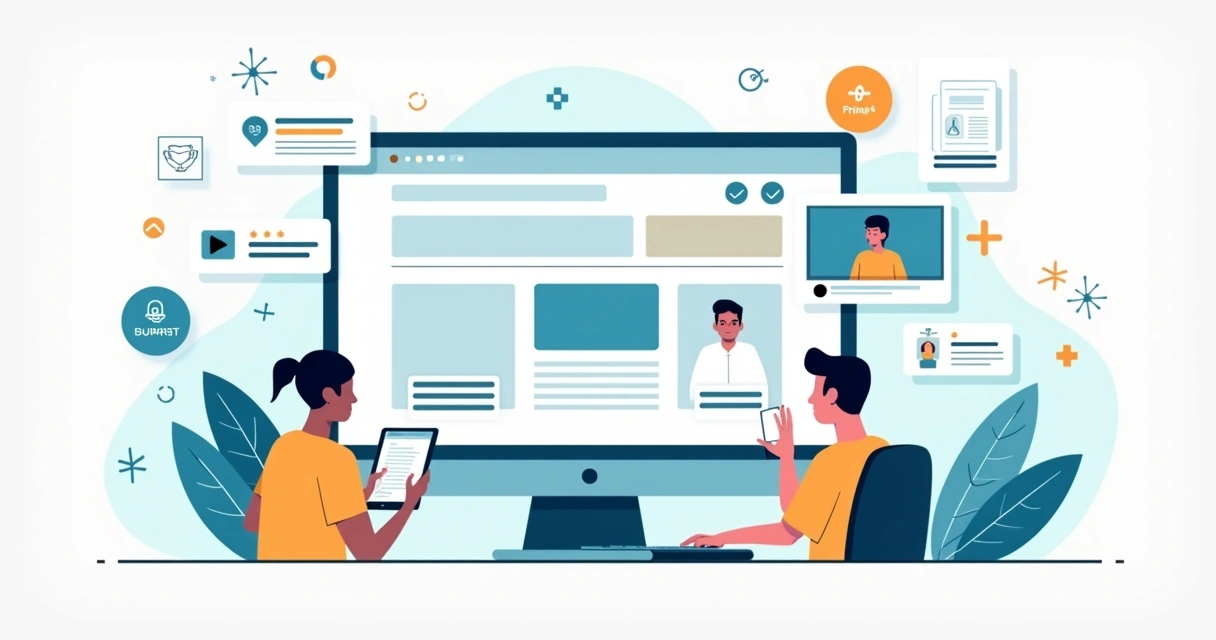 Ilustração de landing page acessível em setores regulados com ícones de inclusão digital 