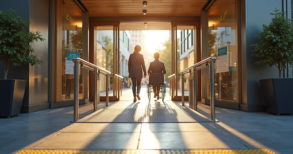 Entrada de loja com rampa de acessibilidade e piso tátil