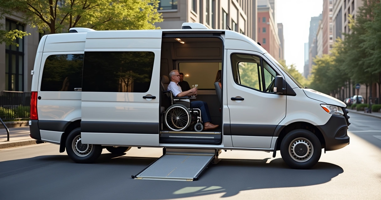 Van acessível para transporte corporativo com rampa e assentos confortáveis em ambiente urbano 