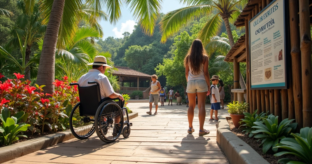 Turista em cadeira de rodas visitando ponto turístico com guia em Ilhéus 